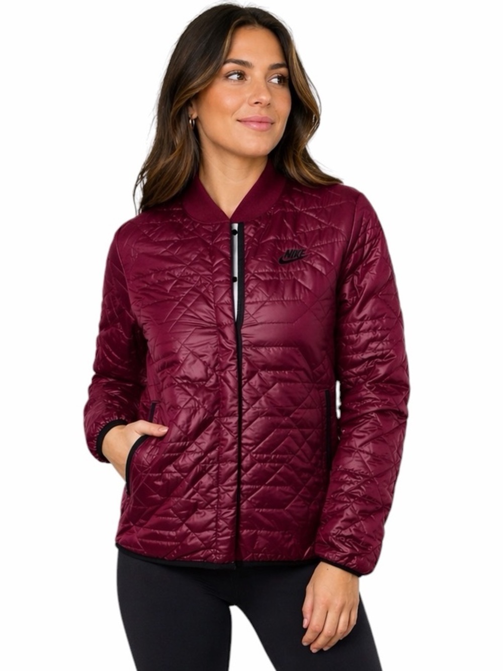 Nike Burgundy Quilted Bomber Jacket Women Small Lightweight Insulated